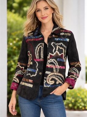 Parsley & Sage Blazer Art To Wear Unique Embroidered Appliqué Button Front
